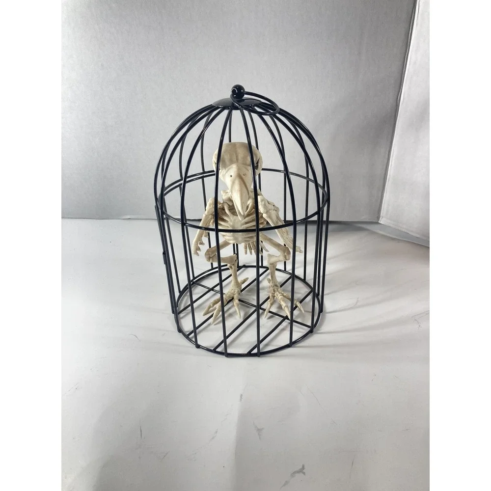 Skeleton Crow in Cage Prop Bird Bones Plastic Halloween Decoration